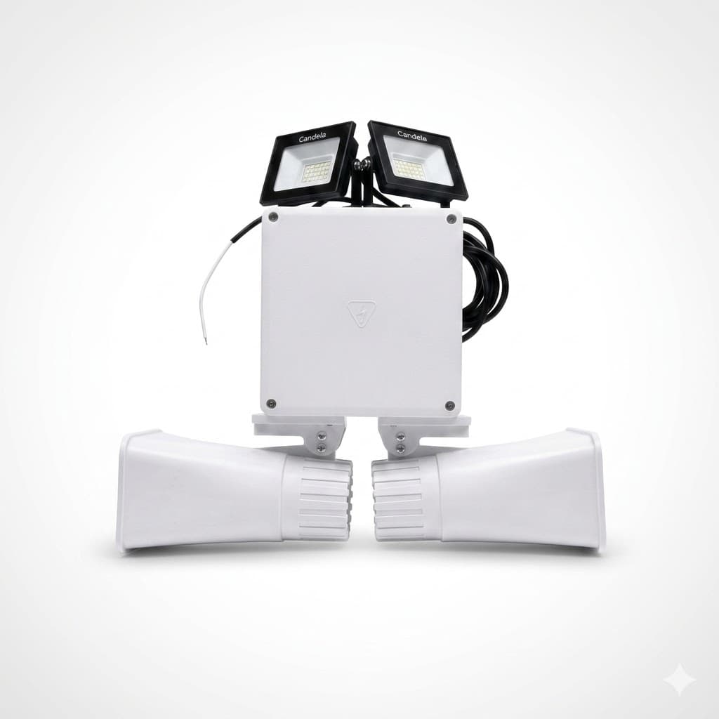Vista del Kit Premium de alarma vecinal con dos sirenas y dos reflectores LED